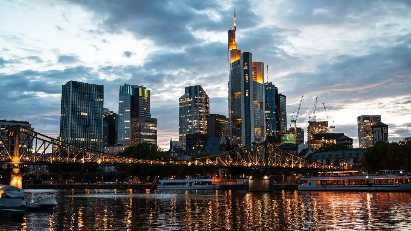 Sunset cityscape of downtown Frankfurt, Germany.