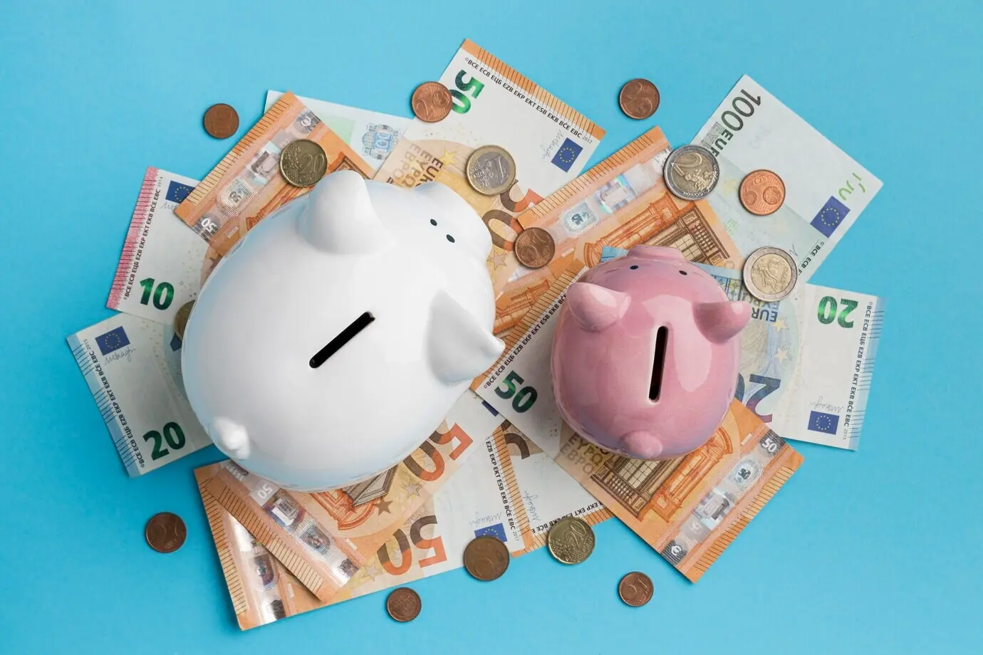 Financial elements arranged in a flat lay.